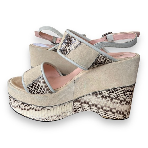 Opening Ceremony Cream Suede Leather & Snakeskin Ankle Strap Platform Wedges - Picture 2 of 12